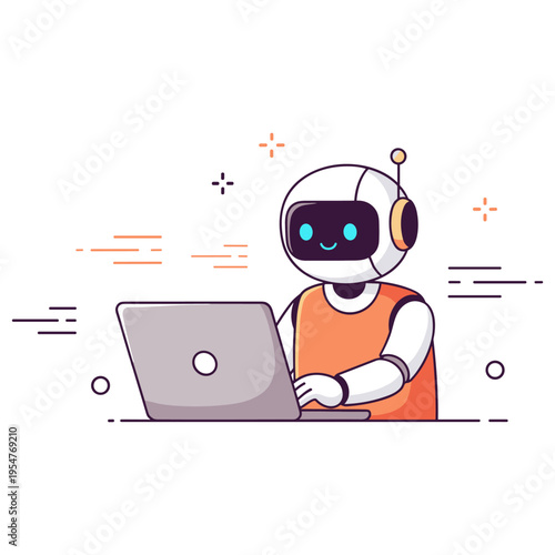 Friendly robot cartoon character using laptop with abstract background elements