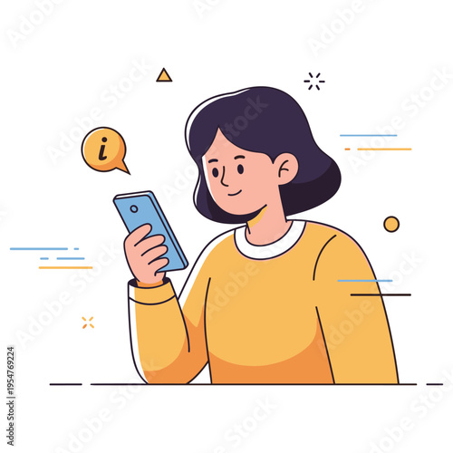 Young asian female using smartphone with informational icon illustration