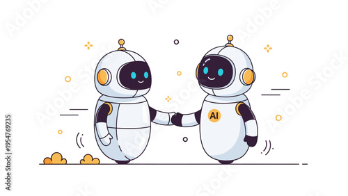 Two cute robots shaking hands with smiles in a minimalist design