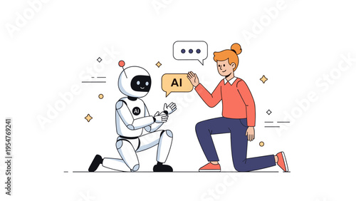 Young adult caucasian female and ai robot high-five in friendly interaction