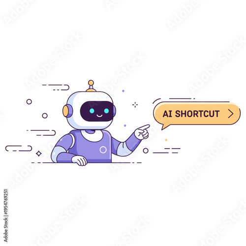 Friendly cartoon robot pointing to ai shortcut speech bubble