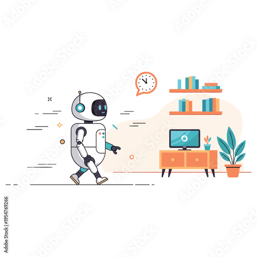 Cute robot exploring living room with tv and bookshelf