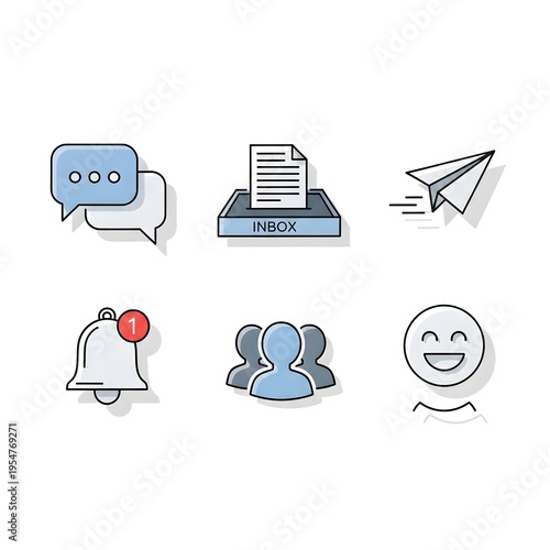 Flat design communication icons, chat and messaging symbols, notification and inbox graphics, colorful outline style