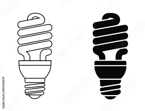 Set of three compact fluorescent light bulb icons in outline, solid black, and green gradient styles, vector illustrations for energy efficiency, sustainability, and eco-friendly lighting design 
