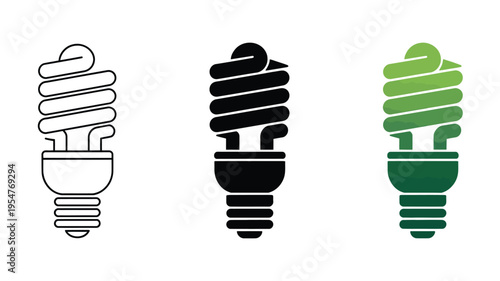 Set of three compact fluorescent light bulb icons, multi-style vector set including outline, solid black, and green gradient, representing energy-saving, environmental awareness