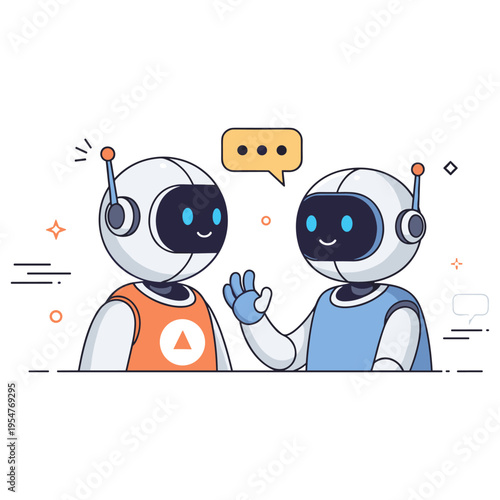 Friendly robots engaging in conversation with speech bubbles and icons
