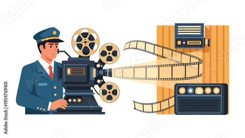 Vintage Movie Time: A retro illustration shows a cinematic scene, where a film operator works on a vintage camera, creating a visual tale and memories to the public.