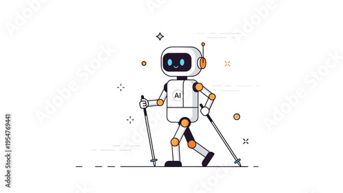 Friendly ai robot enjoying nordic walking in minimalist vector art style