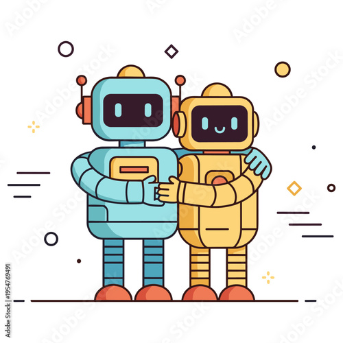Two cute cartoon robots hugging each other lovingly with geometric background elements