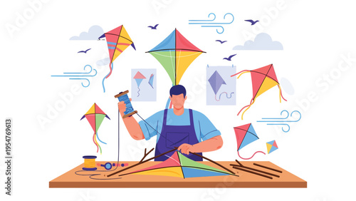 Crafting Dreams: An individual dedicates themselves to the craft of kite making, meticulously assembling vibrant kites, celebrating the joy of flight and childhood fantasies.