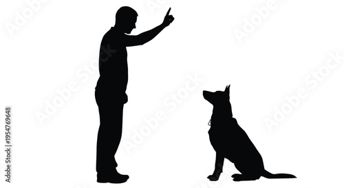 Silhouette of a person training their dog with a pointing hand gesture and command.