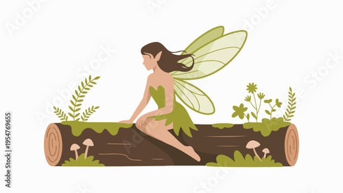 Whimsical fairy sitting on a mossy log surrounded by lush greenery and mushrooms in a serene forest setting with soft lighting