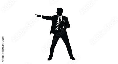 Professional man in a business suit actively pointing and holding a document, demonstrating leadership.