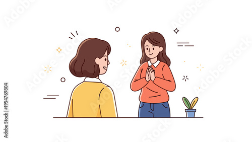 Friendly interaction between two young caucasian females in casual clothing