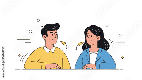 Cartoon illustration of two young adults engaging in conversation