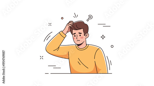 Confused caucasian male teen in yellow shirt with question mark icon