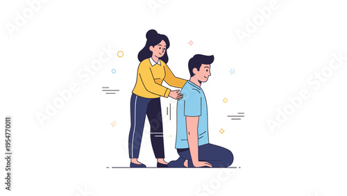Male receiving back massage from female therapist in relaxing session