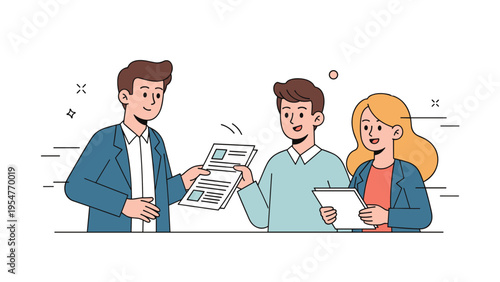 Cartoon people sharing documents: three caucasian adults collaborating in professional setting