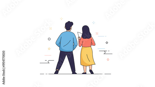 Cartoon of young caucasian man and woman standing together from behind