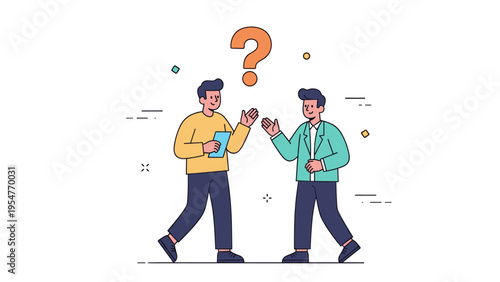 Two young caucasian males discussing ideas with question mark