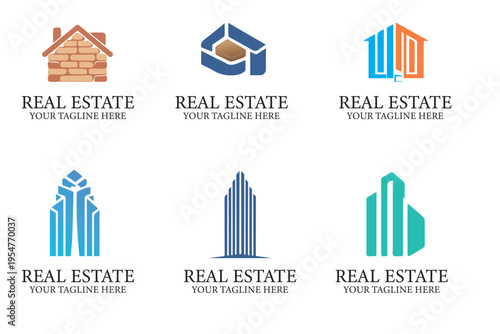 Set of 6 diverse real estate vector logos with houses and buildings for property businesses