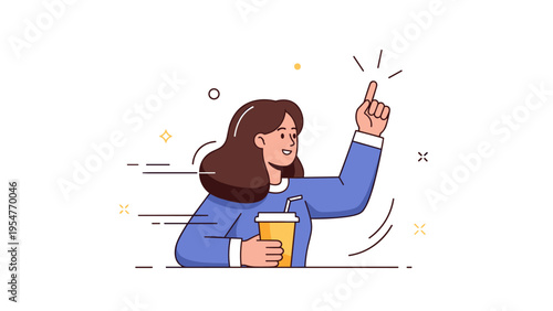 Young caucasian female drinking coffee and pointing upwards in dynamic cartoon style