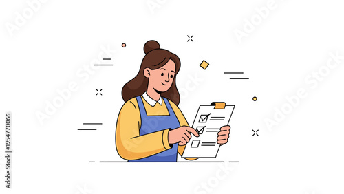 Young caucasian female checking checklist with clipboard in hand