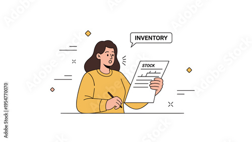 Female inventory manager reviewing stock document cartoon illustration