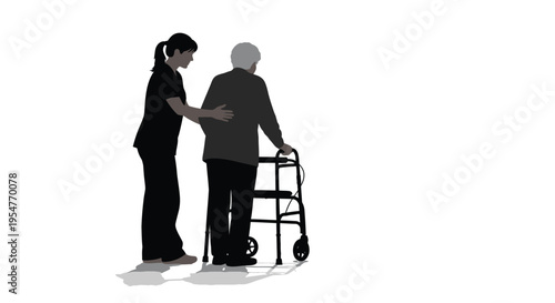 Carer assists elderly person with limited mobility using a wheeled walking aid device