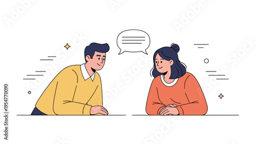 Asian young adult male and female engaged in conversation illustration