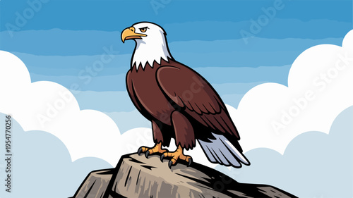 American bald eagle perched on rocky outcrop under blue sky with white clouds