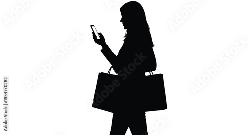 Silhouette of a woman checking her smartphone while holding numerous shopping bags after a successful retail outing