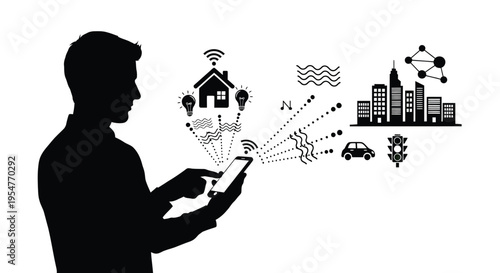 Silhouette of a man remotely controlling smart home devices and city infrastructure using a mobile application