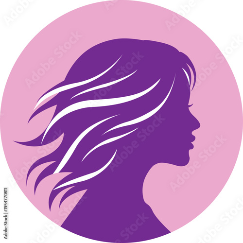 Silhouette of a woman with long flowing hair, purple on a pink circular background