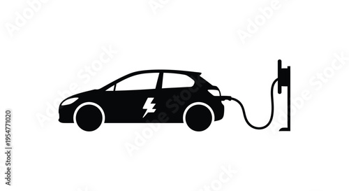Black silhouette icon depicting an electric vehicle actively charging at a modern charging station