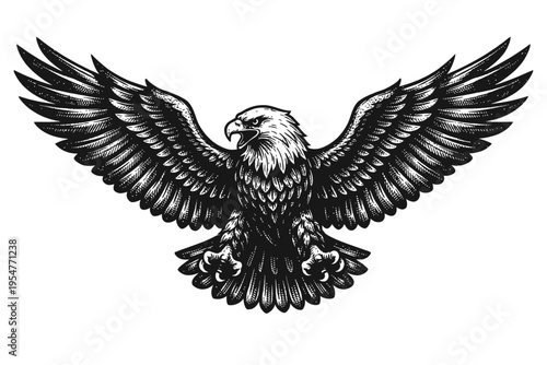 Majestic Bald Eagle spreading wide wings, intricately engraved vector illustration. Symbolizing freedom, power, and American patriotism in a vintage, classic art style. Ideal for bold logos, emblems,