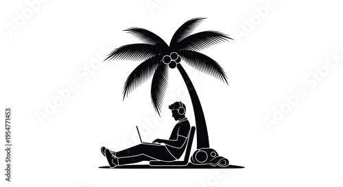 Silhouette of a young man working remotely on a laptop beneath a tropical palm tree