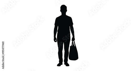 Silhouette of a standing man holding a reusable shopping bag against a stark white background