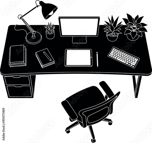 Modern Office Workspace Setup With Computer And Plants