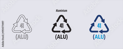 Recycling symbol for aluminum packaging, 41 indicates the material is aluminum, Identified as Aluminum and coded as (ALU), Found on beverage cans, food containers, and aluminum foil.