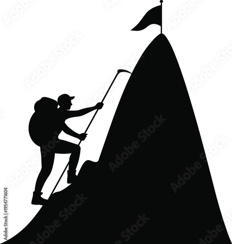 Silhouette of a mountain climber with a backpack scaling a steep peak toward a flag for success and achievement vector