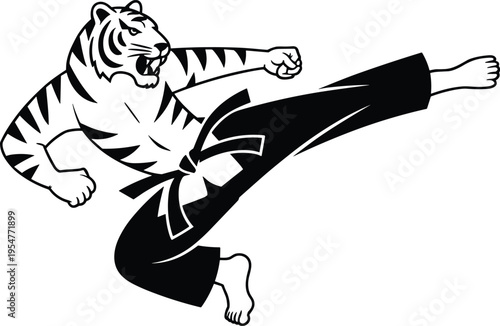 Tiger martial arts master performing a side kick wearing a black belt karate uniform black and white vector mascot illustration