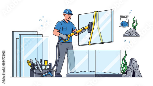 Glass Installation Illustration: A skilled worker carefully installs a large pane of glass, meticulously assembling the structure with precision and care.