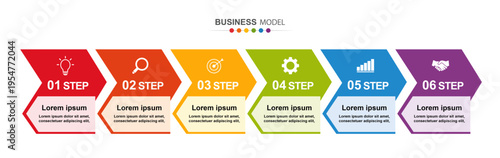 ( Editable ) Business model infographic with six colorful arrow  workflow, strategy, and process stages. Ideal for presentations, project planning, corporate concepts, and modern flat design layouts.