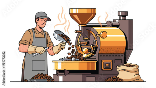Artisan Coffee Roasting Process: An artisan carefully oversees the roasting process of coffee beans, meticulously ensuring each batch reaches perfection. He handles a scoop of beans.