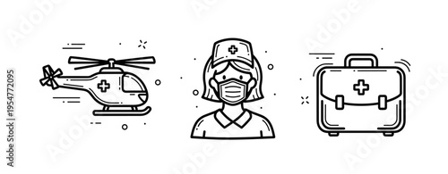 Female nurse icon with helicopter and medical kit - healthcare symbols in line art