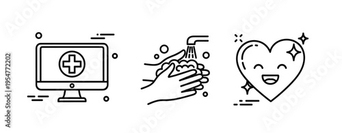 Healthcare icons: medical monitor, hand washing, smiling heart for wellness