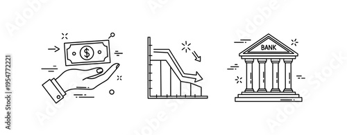 Hand holding money, declining graph, and bank icon illustrating economic decline