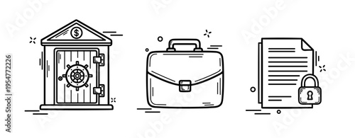 Safe, briefcase, lock icon set illustrating security concepts in finance and confidentiality