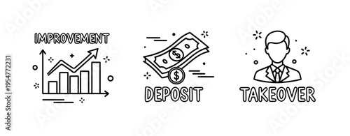 Business concept icons: improvement, deposit, takeover illustrated in black and white